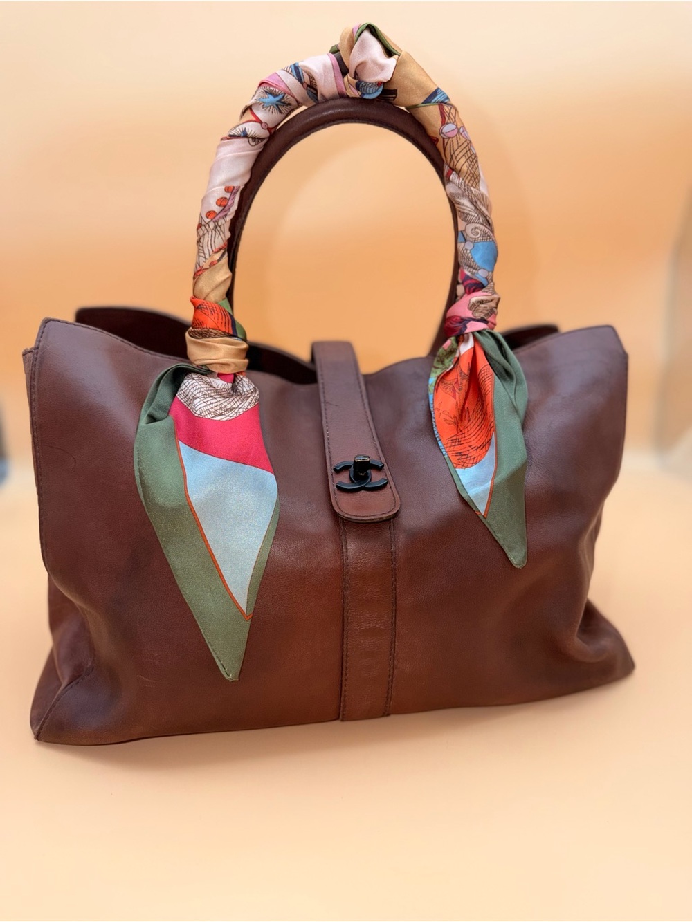 Authentic Vintage Chanel 5-Series Brown Calfskin CC Turnlock Shopper Tote